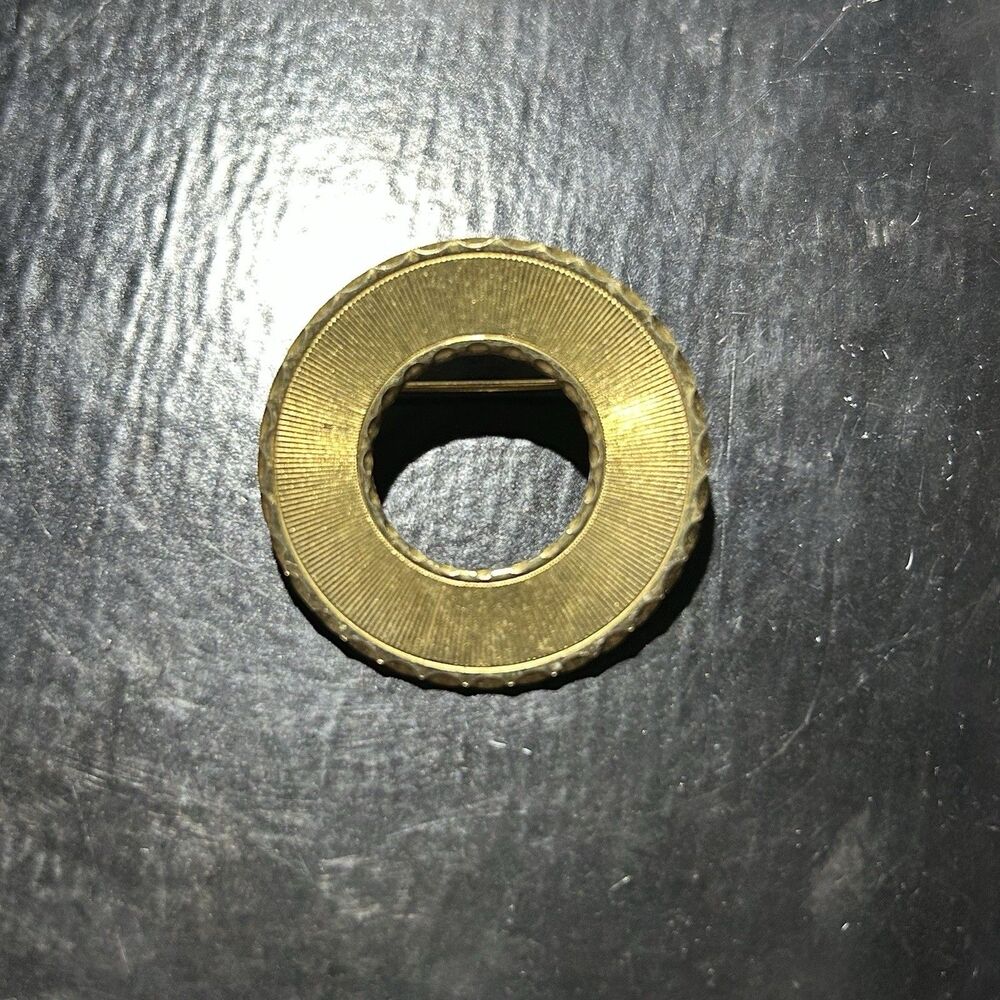 Vintage Gold Tone Round Brooch Scarf Clip - textured circular Pin Mid Century